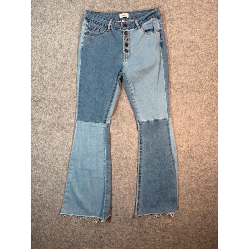 Bamboo Jeans Women 13 Two Tone Patchwork Flare Jeans Button Fly‎ Raw Hem Blue
